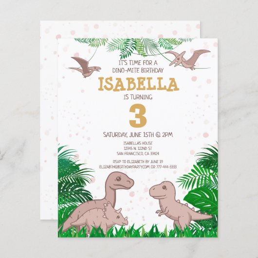 Papier Invitation d'anniversaire de dinosaure pour enfant (Devant / Derrière)