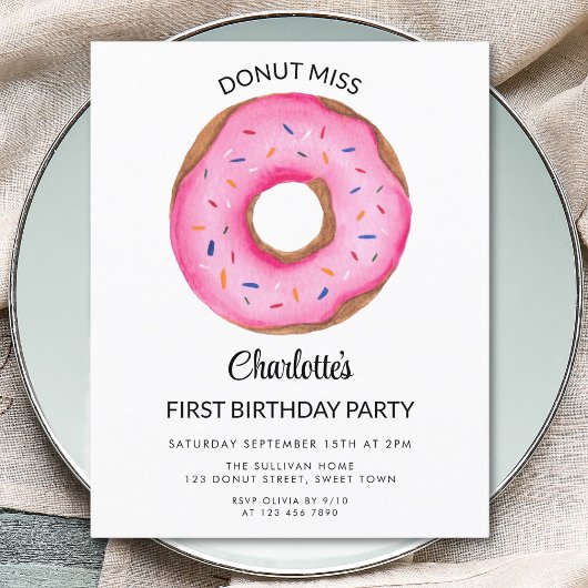 Papier Invitation d'anniversaire de la fille Donut rose b