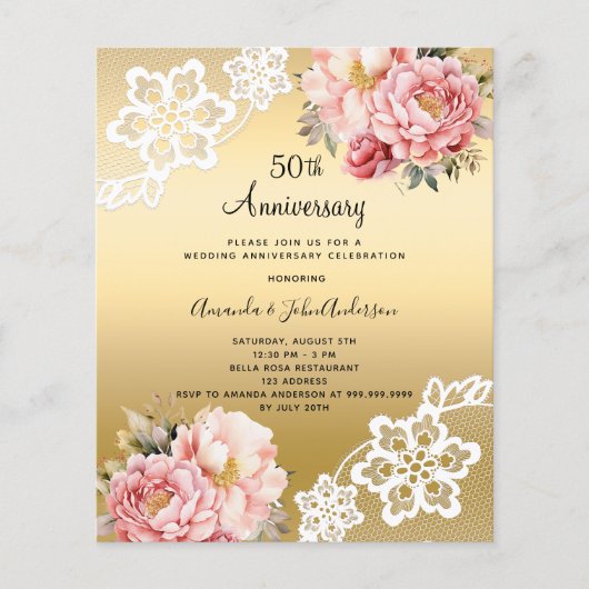 Papier Invitation d'anniversaire de mariage 50 ans avec f (Devant)
