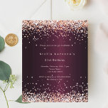 Papier Invitation d'anniversaire d'or rose de Bourgogne<br><div class="desc">Pour un 21ème anniversaire élégant (ou tout âge). Une couleur arrière - plan bordeaux. Décoré de confettis d'or rose. Personnalisez et ajoutez un nom,  un âge et des détails de la fête. 1 feuille = 1 invite imprimé bord à bord.</div>
