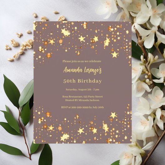 Papier Invitation d'anniversaire étoiles dorées sur fond