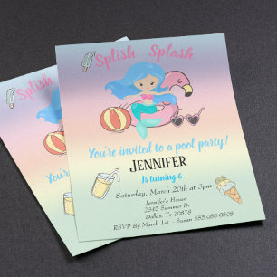 Papier Invitation d'anniversaire Fête piscine Sirène Flam