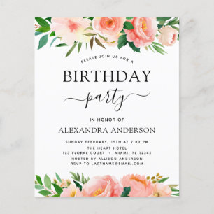 Papier Invitation d'anniversaire florale corail pêche à p