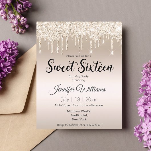 Papier invitation d'anniversaire glitter doré 16 ans douc