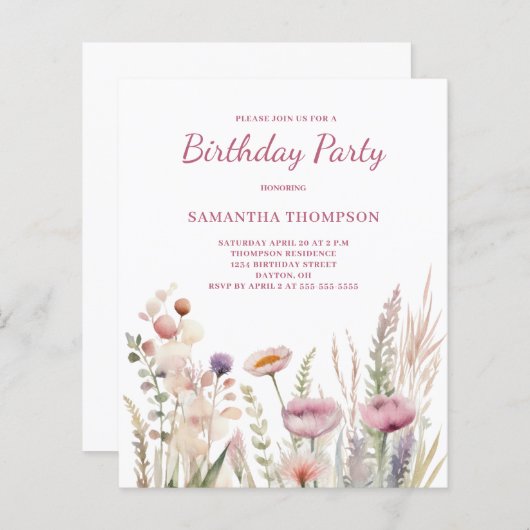 Papier Invitation d'anniversaire rose budget (Devant / Derrière)