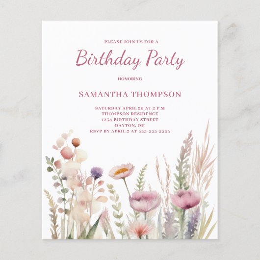 Papier Invitation d'anniversaire rose budget (Devant)