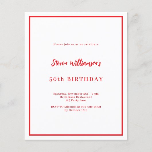 Papier Invitation d'anniversaire rouge blanc (Devant)