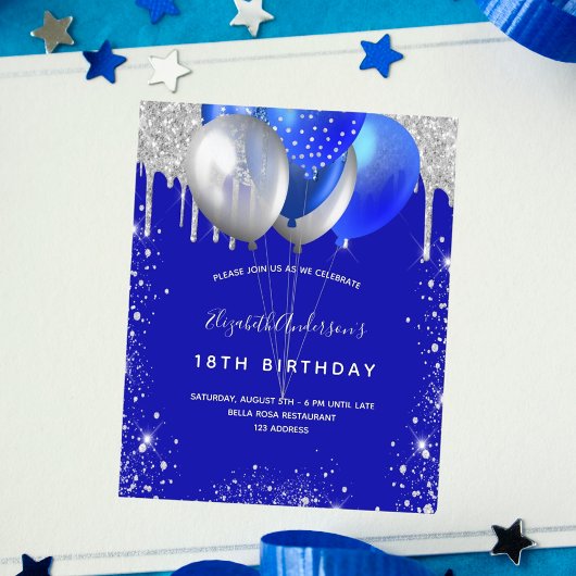 Papier Invitation d'anniversaire royal bleu argent