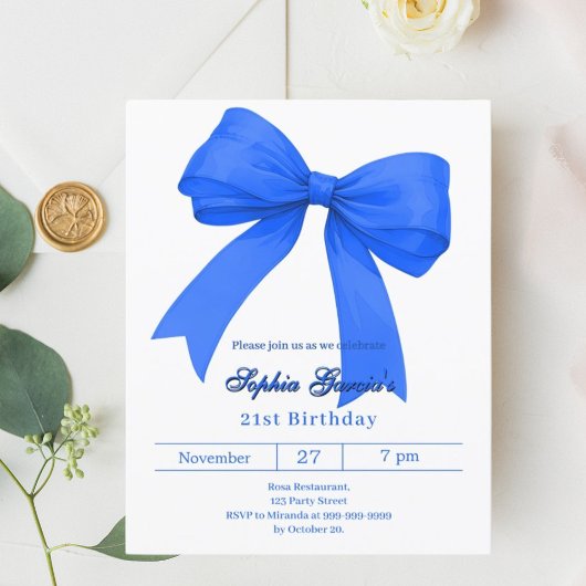 Papier Invitation d'anniversaire Royal blue white bow
