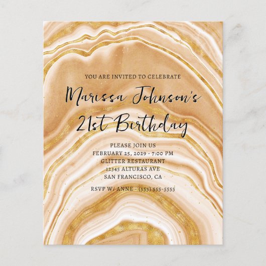 Papier Invitation de 21e anniversaire Budget Fausse Agate (Devant)