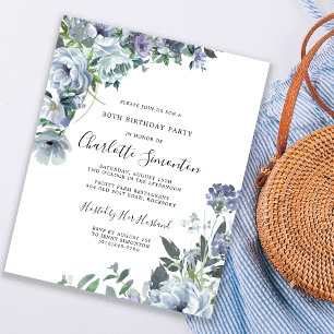Papier Invitation de 30e anniversaire florale bleu poussi