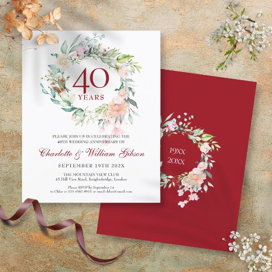 Papier Invitation de 40e anniversaire de mariage Ruby Flo