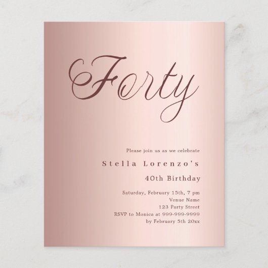 Papier Invitation de 40e anniversaire de style budget en (Devant)