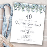 Papier Invitation de 40e anniversaire florale bleu poussi<br><div class="desc">Un pivoine bleu poussiéreux et des fleurs sauvages ornent une jolie invitation d'anniversaire. La calligraphie moderne ajoute à l'ambiance Boho.</div>