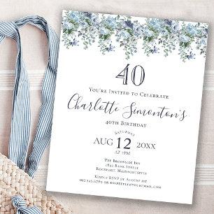 Papier Invitation de 40e anniversaire florale bleu poussi