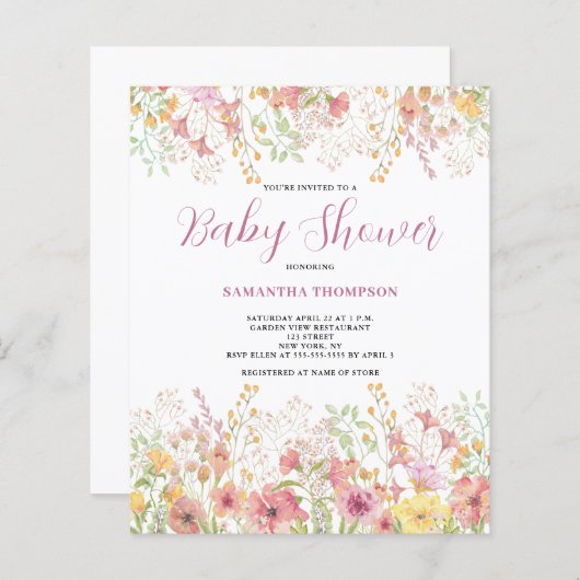 Papier Invitation de Baby Shower à fleurs roses pas chère (Devant / Derrière)
