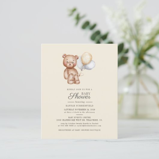 Papier Invitation de Baby shower à l'ours de script budgé (Debout devant)