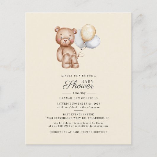 Papier Invitation de Baby shower à l'ours de script budgé (Devant)