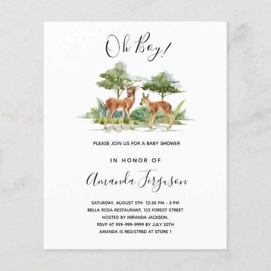 Papier Invitation de baby shower bois budget thème forêt (Devant)