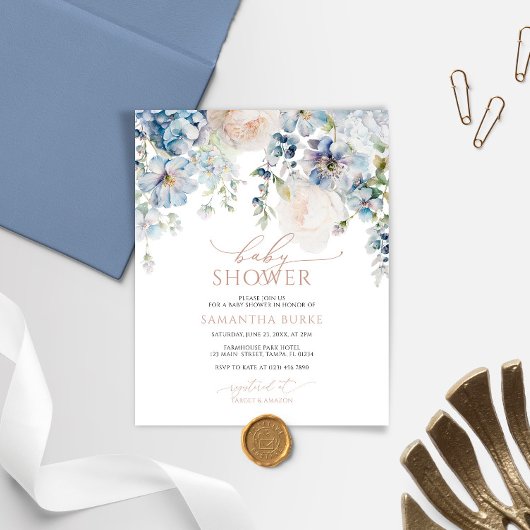 Papier Invitation de Baby Shower Budget Blue Hydrangea Bl