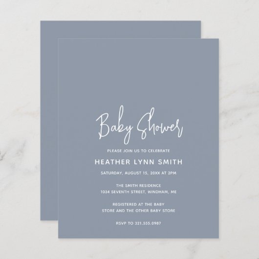 Papier Invitation de Baby shower budgétaire Dusty Blue (Devant / Derrière)
