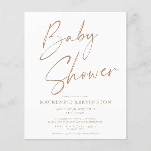 Papier Invitation de Baby shower de script manuscrit Tan  (Devant)