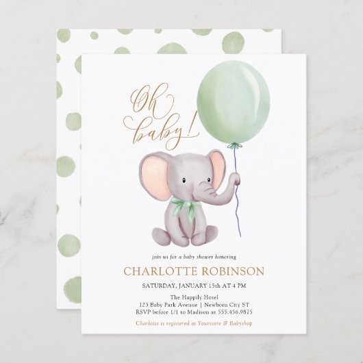 Papier Invitation de Baby shower Eléphant mignon Budget (Devant / Derrière)