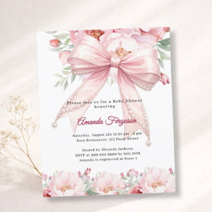 Papier Invitation de Baby Shower fille fleurs ruban rose