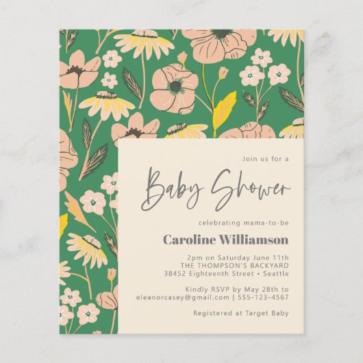 Papier Invitation de Baby Shower Fleurie Verte Rose Migno (Devant)