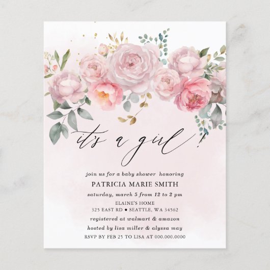 Papier Invitation de Baby shower floral Blush Budget (Devant)