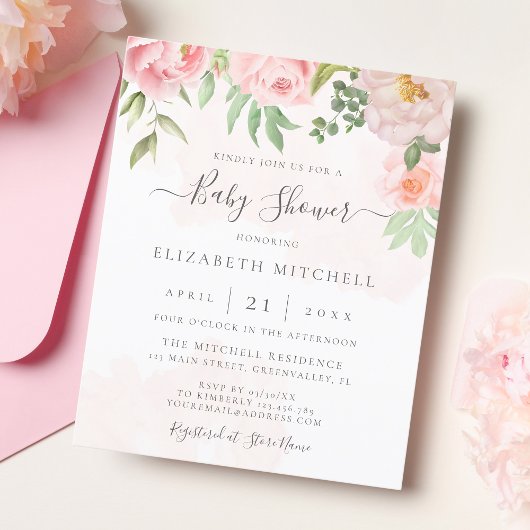 Papier Invitation de Baby shower floral rose rose Budget