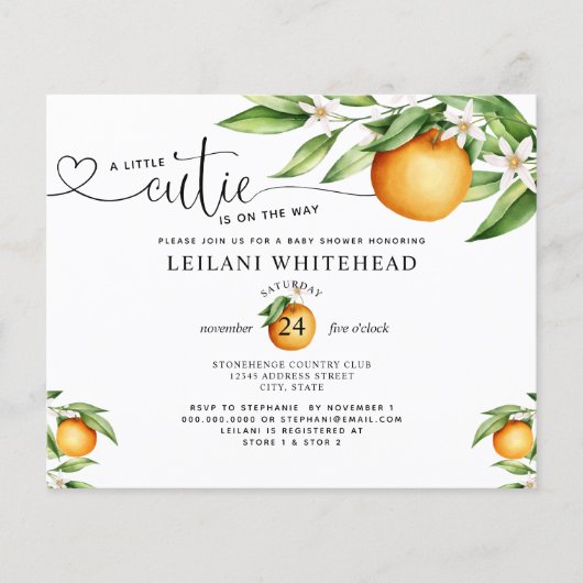 Papier Invitation de Baby shower orange Little Cutie Budg (Devant)