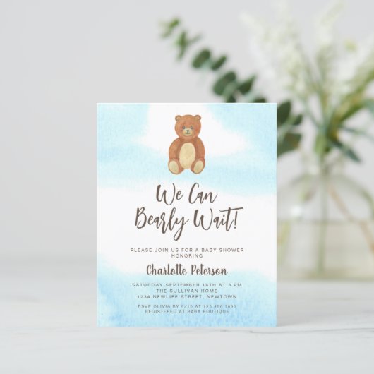 Papier Invitation de Baby Shower Ourson Mignon à Petit Bu (Debout devant)