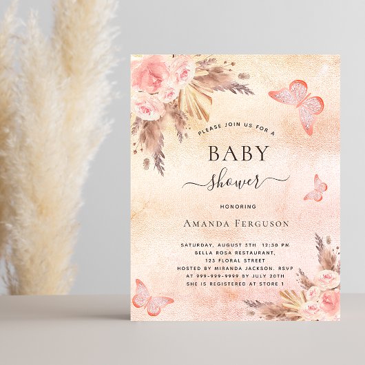 Papier Invitation de baby shower papillon pampas budget