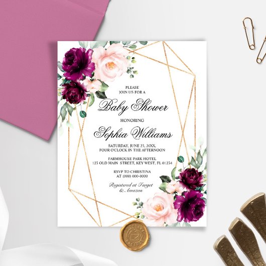 Papier Invitation de Baby shower rose et violet à budget
