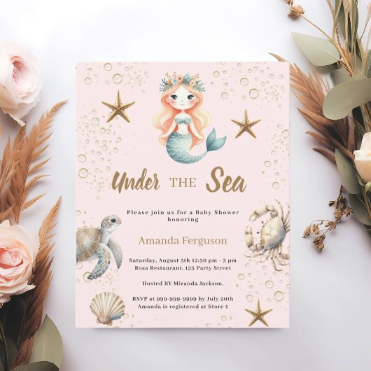 Papier Invitation de Baby Shower rose Sirène sous la mer