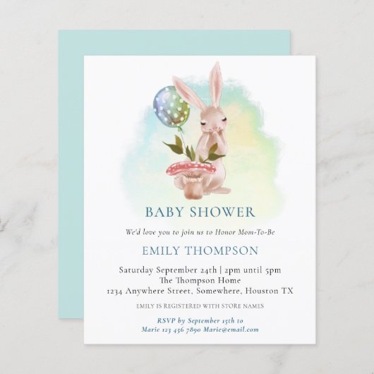 Papier Invitation de Baby shower Turquoise Bunny Budget (Devant / Derrière)