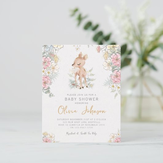 Papier Invitation de Baby showers floraux de cerfs de boi (Debout devant)
