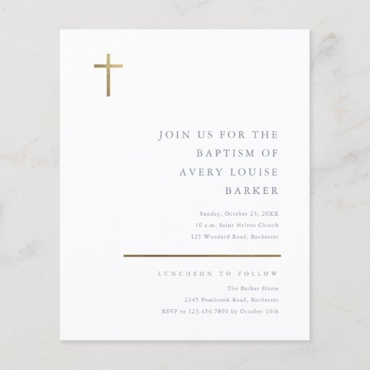Papier Invitation de baptême à croix dorée minimale budge (Devant)