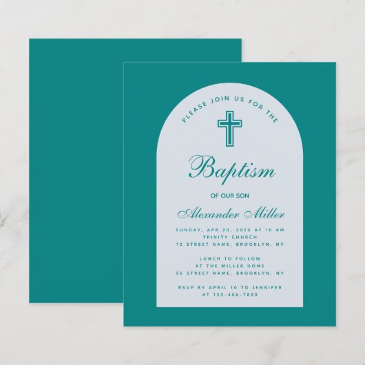 Papier Invitation de baptême à l'arc de script sarcelle B (Devant / Derrière)