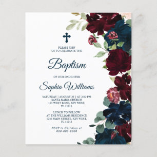 Papier Invitation de baptême abordable Bourgogne et bleu