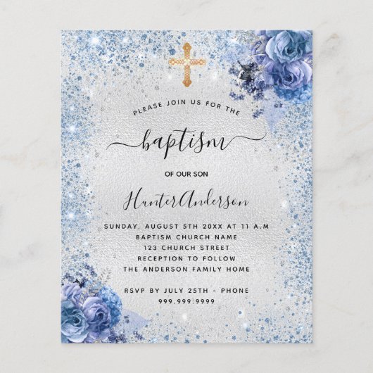 Papier Invitation de baptême argenté bleu garçon floral b (Devant)