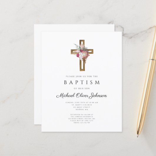 Papier Invitation de baptême bohème florale à budget avec (Devant/Arrière en situation)