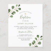 Papier Invitation de baptême croix dorée eucalyptus budge (Devant)