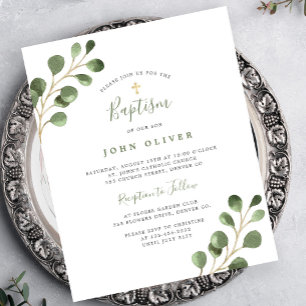 Papier Invitation de baptême croix dorée eucalyptus budge