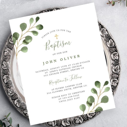 Papier Invitation de baptême croix dorée eucalyptus budge