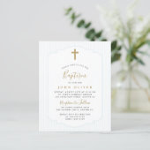 Papier Invitation de baptême de garçon bleu croix dorée b (Debout devant)