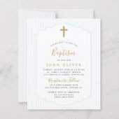 Papier Invitation de baptême de garçon bleu croix dorée b (Devant)
