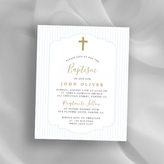 Papier Invitation de baptême de garçon bleu croix dorée b
