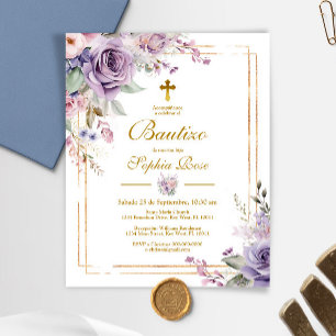 Papier Invitation de baptême de roses violettes pour budg